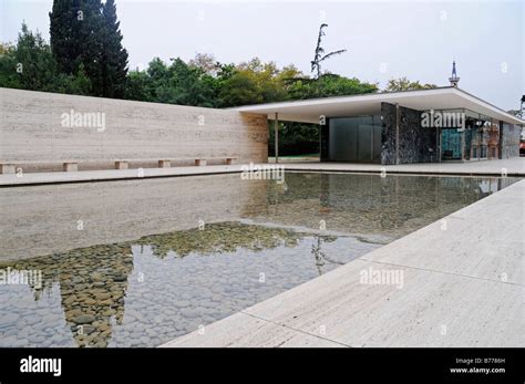 Pool alongside the Barcelona Pavilion, Pavello, designed by Mies van der Rohe, Montjuic ...