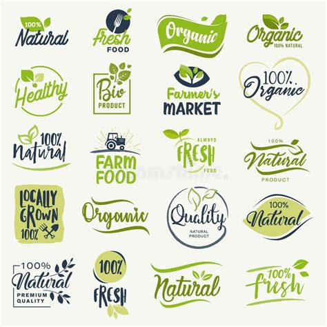 the logos for organic products are shown in green and blue colors, including leaves, flowers,