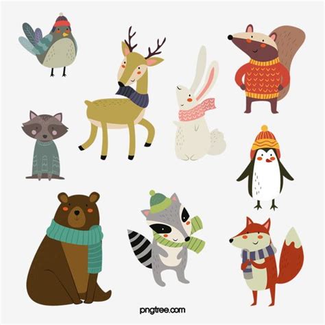 Winter Animals Clipart Vector, Hand Drawn Cartoon Winter Animals ...