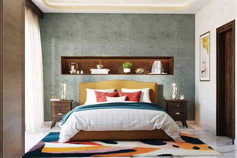 Wall Design With Classic Green Textured Paint And Wooden Wall Niche ...