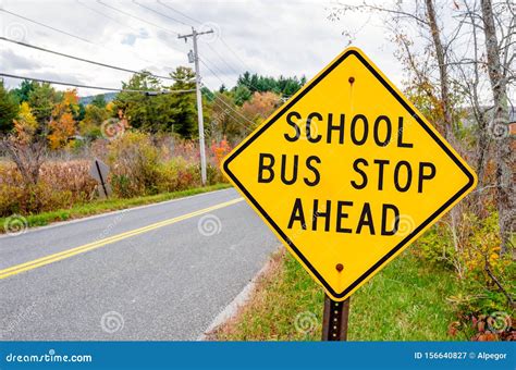 School Bus Stop Ahead Yellow Road Sign Stock Image - Image of clouds, concept: 156640827