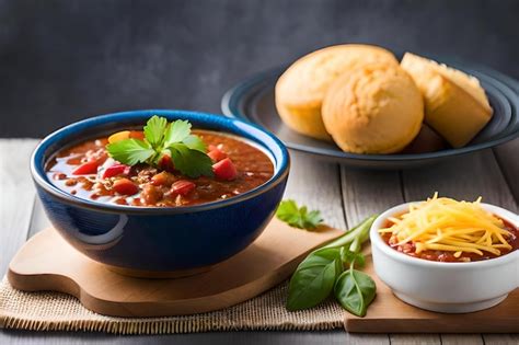 Premium Photo | A bowl of chili with cheese and tomato sauce.