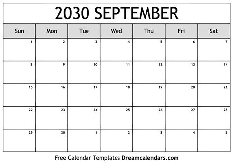 September 2030 Calendar - Free Printable with Holidays and Observances