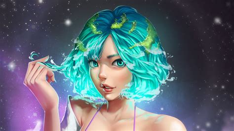 Download blue, short hair, anime girl, digital art 2048x1152 wallpaper ...