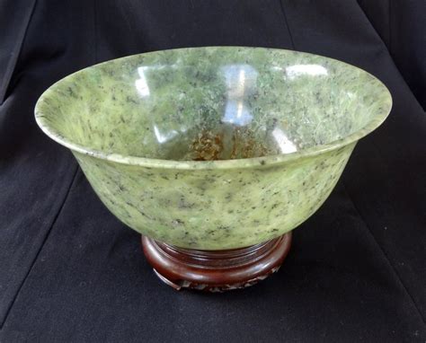 Antique Chinese Huge Green Jade Bowl 8" Wide And Wood Stand 448 grams ...