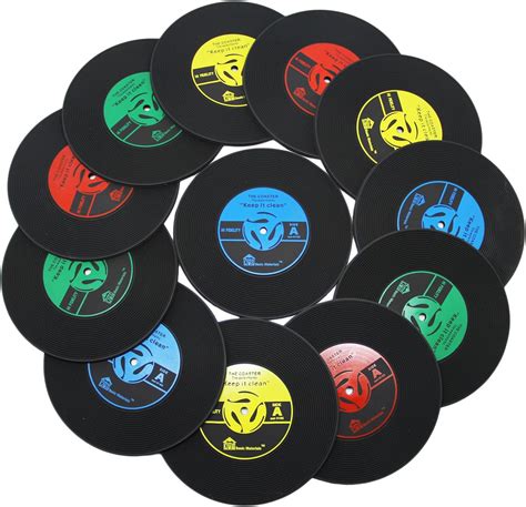 DuoMuo Coaster Set of 12 Vinyl Record Disk Coasters for Drinks - Tabletop Protection Prevents ...