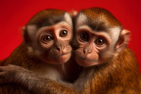 Premium Photo | Two monkeys hugging each other on a red background