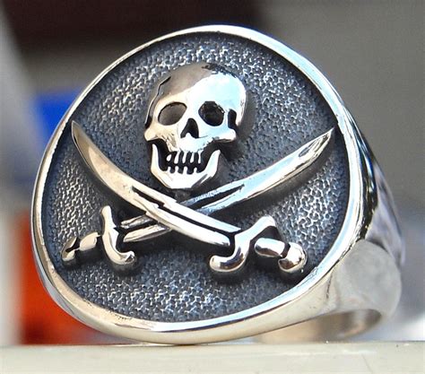 Heavy 3D Calico Jack Rackham Pirate Flag Ring Solid Sterling