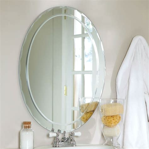 Oval Frameless Bathroom Vanity Wall Mirror with Beveled Edge Scallop Border