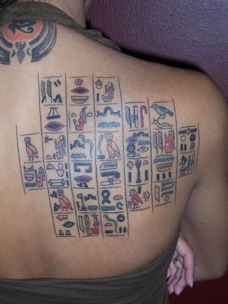 Coloured egyptian hieroglyphs tattoo on back - Tattooimages.biz