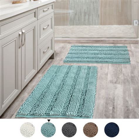 Non Slip Thick Shaggy Chenille Bathroom Rug Mat Extra Soft and Absorbent Striped Rug Machine ...