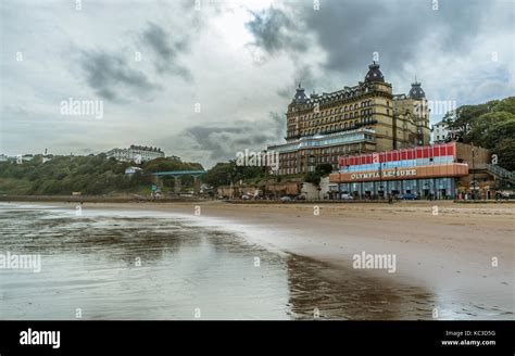 A view of the sea front at South Bay, Scarborough with the Grand Hotel ...