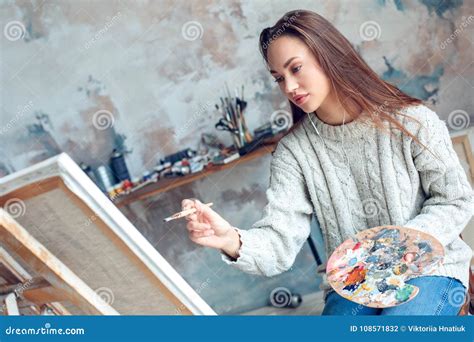 Young Woman Artist Painting at Home Creative Listening Music Stock Photo - Image of person ...