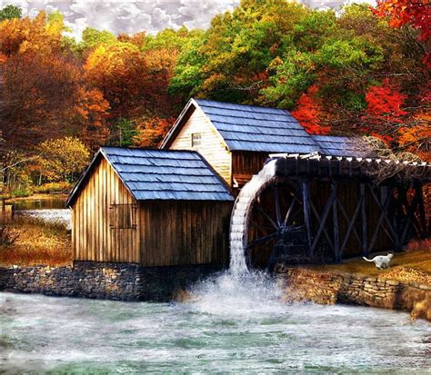 1920x1080px, 1080P free download | Autumn at the Old Mill, fall, watermill, colors, river, trees ...