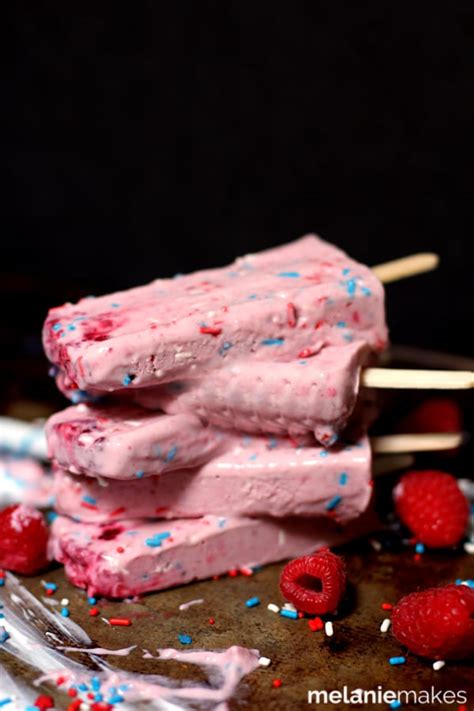 Red White and Blue Raspberry and Cream Popsicles - Melanie Makes