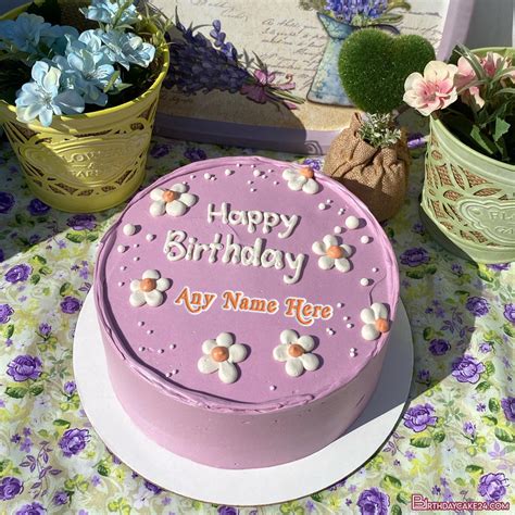 Lovely Purple Flower Birthday Wishes Cake With Name On It