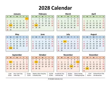 2028 Calendar with US holidays, Editable in Excel, Word, PDF