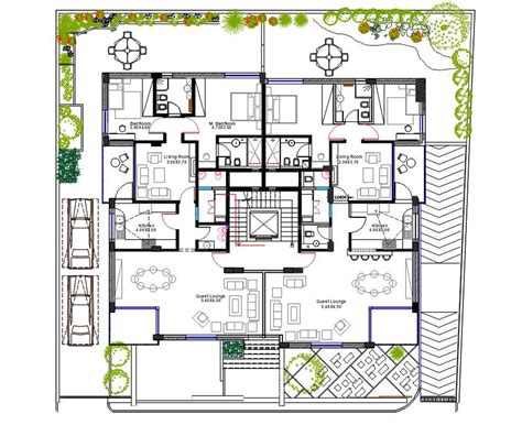 2 BHK Luxurious Apartment House Plan With landscaping Design - Cadbull