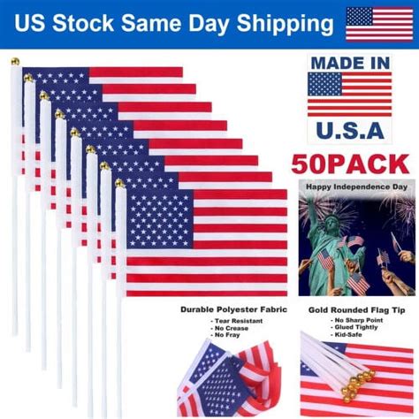 Small American Flags on Stick 5 x 8 Inch, 50PCS Handheld US Flag with Polyester Stick- Mini USA ...