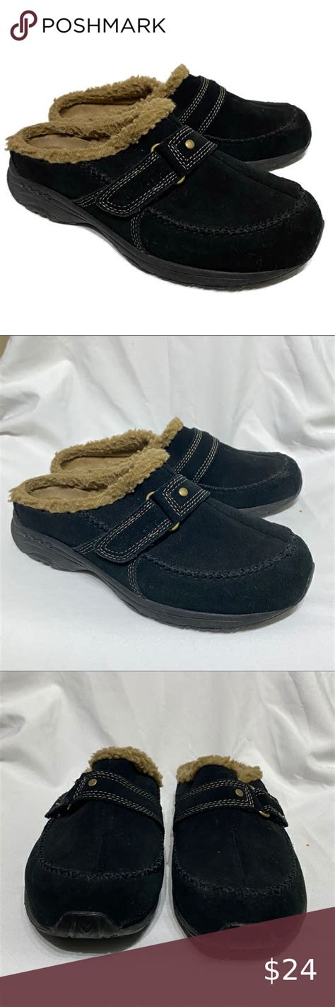 Easy Spirit Black Suede Faux Fur Lined Mules | Easy spirit shoes, Clogs ...