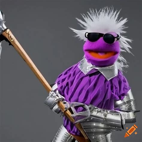 Cartoon character with purple skin, sunglasses, and knight armor on Craiyon
