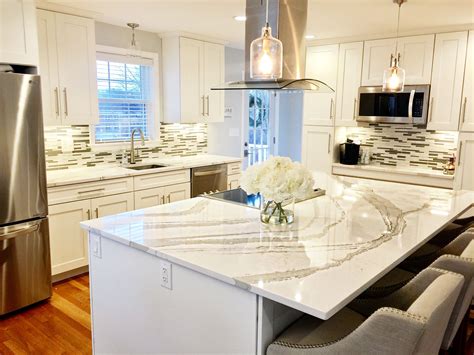 White shaker kitchen cabinets, white and gray Quartz from Cambria Brittanicca & backsplash ...