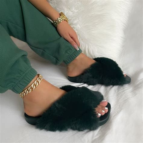 Lovebug Dark Green Fluffy Faux Fur Cross Strap Slippers | SIMMI London