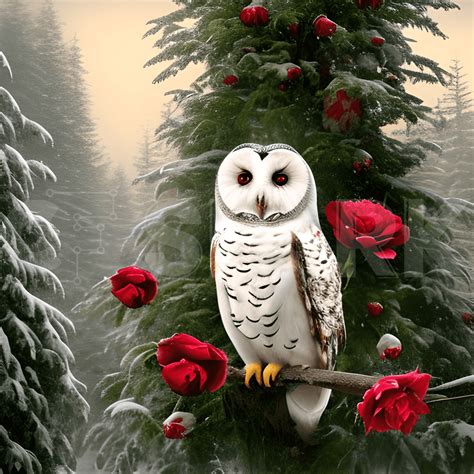 Owl in a Snowy Tree with Roses · Creative Fabrica