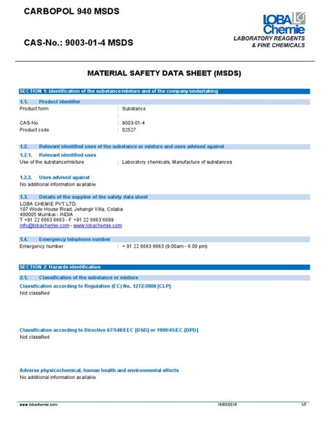 MSDS-CARBOPOL-940-CASNO-02527-EN.aspx | PDF | Dangerous Goods | Toxicity