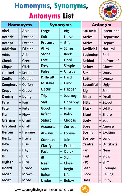 Synonyms And Antonyms And Homonyms