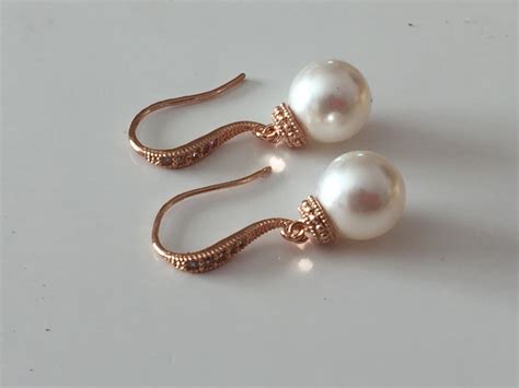 Rose gold pearl earrings wedding jewelry dangle earrings