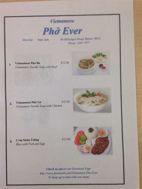 Menu at Vietnamese Pho Ever restaurant, Banyo