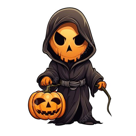 Cartoon Character Of Grim Reaper Hold The Halloween Pumpkin, Grim, Grim ...