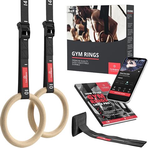 Gymnastic Rings Set Wood + Door Anchor Attachment, Exercise eBook...