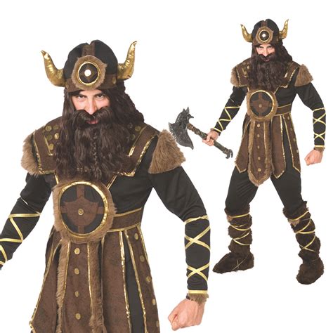 Mens Viking Warrior Fancy Dress Costume incl Helmet Nordic Barbarian ...