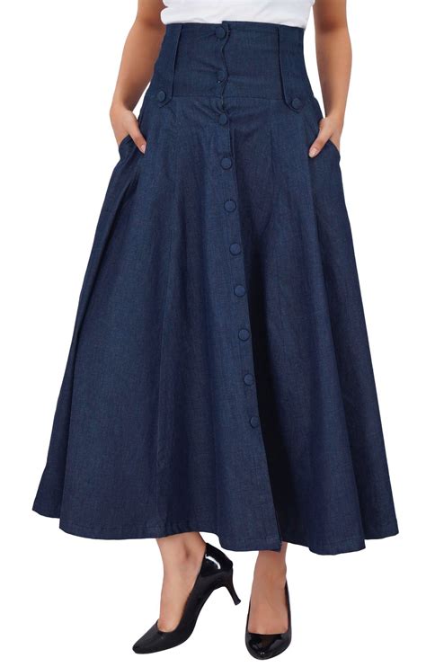 Bimba Mid-Calf High Waist Denim Skirt Long Flared A line Retro Boho ...