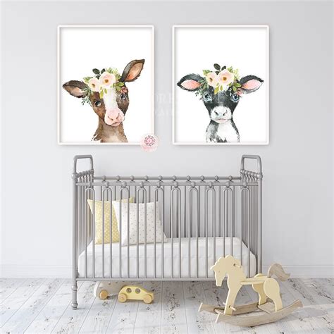 2 Boho Cow Wall Art Print Farm Nursery Baby Room Blush Floral Bohemian ...