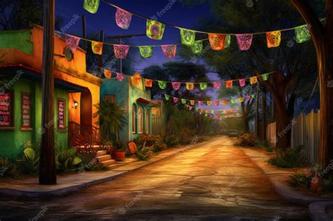 Premium AI Image | A colorful street scene with a mexican street scene.