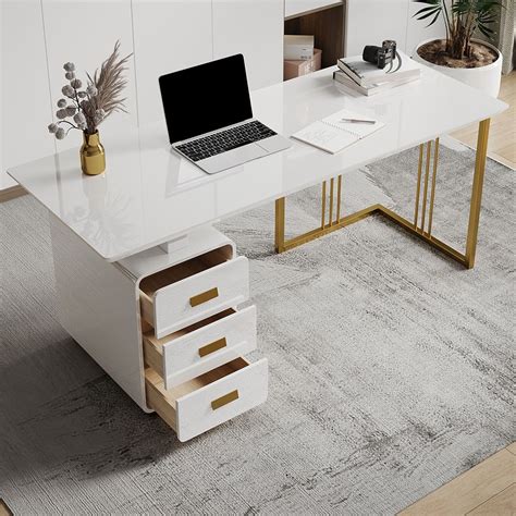 Modern White Executive Home Office Desk with Storage Drawers & Side ...