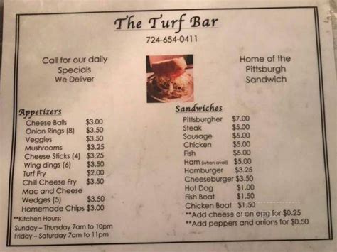 Menu of Turf Bar in New Castle, PA 16101