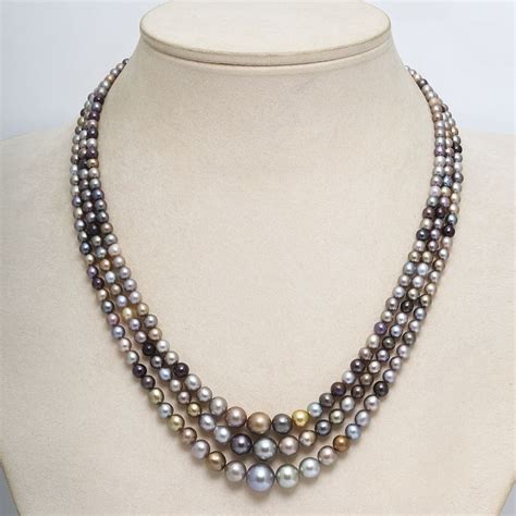 Rare Natural Black and Multi-color Pearl Necklace. Three-row graduated ...