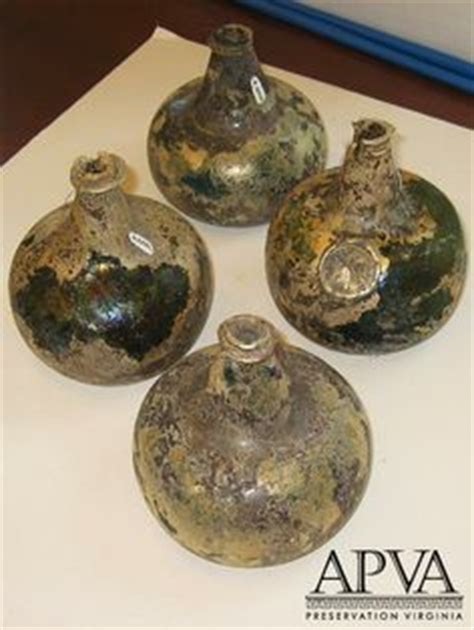 In a large Jamestown cellar, 10 intact, yet empty, ca. 1680-1700 glass wine bottles were found ...