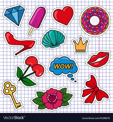 Set cute colored girly stickers Royalty Free Vector Image