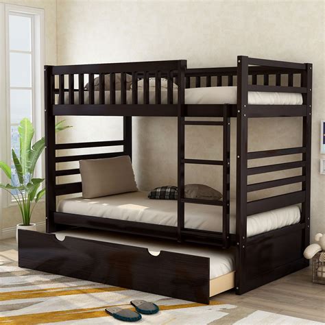 Merax Wood Bunk Bed, Twin Over Twin, Multiple Finishes with Trundle ...