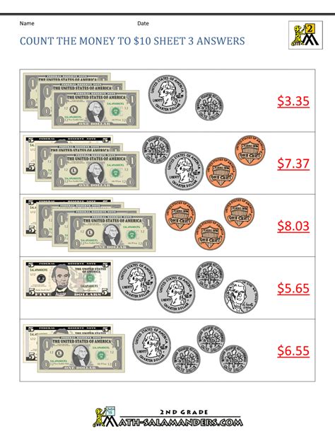 Counting Coins And Bills Worksheets