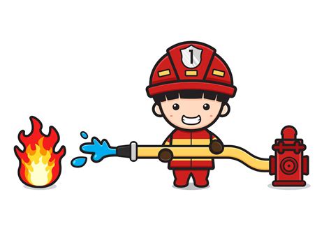 Cute firefighter extinguish the fire cartoon icon vector illustration ...