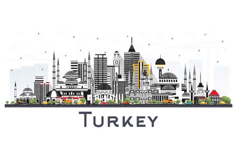 Turkey City Skyline with Color Buildings Isolated on White.