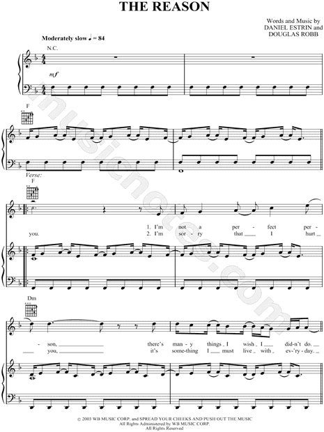 Hoobastank "The Reason" Sheet Music in F Major (transposable ...