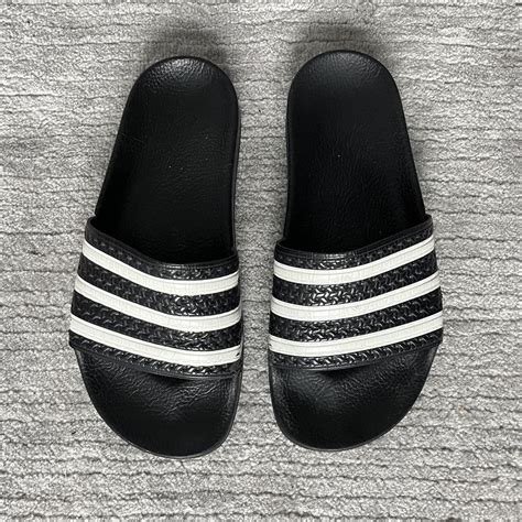 Adidas Women's Black and White Slides | Depop