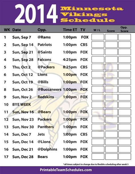 Printable Vikings Schedule